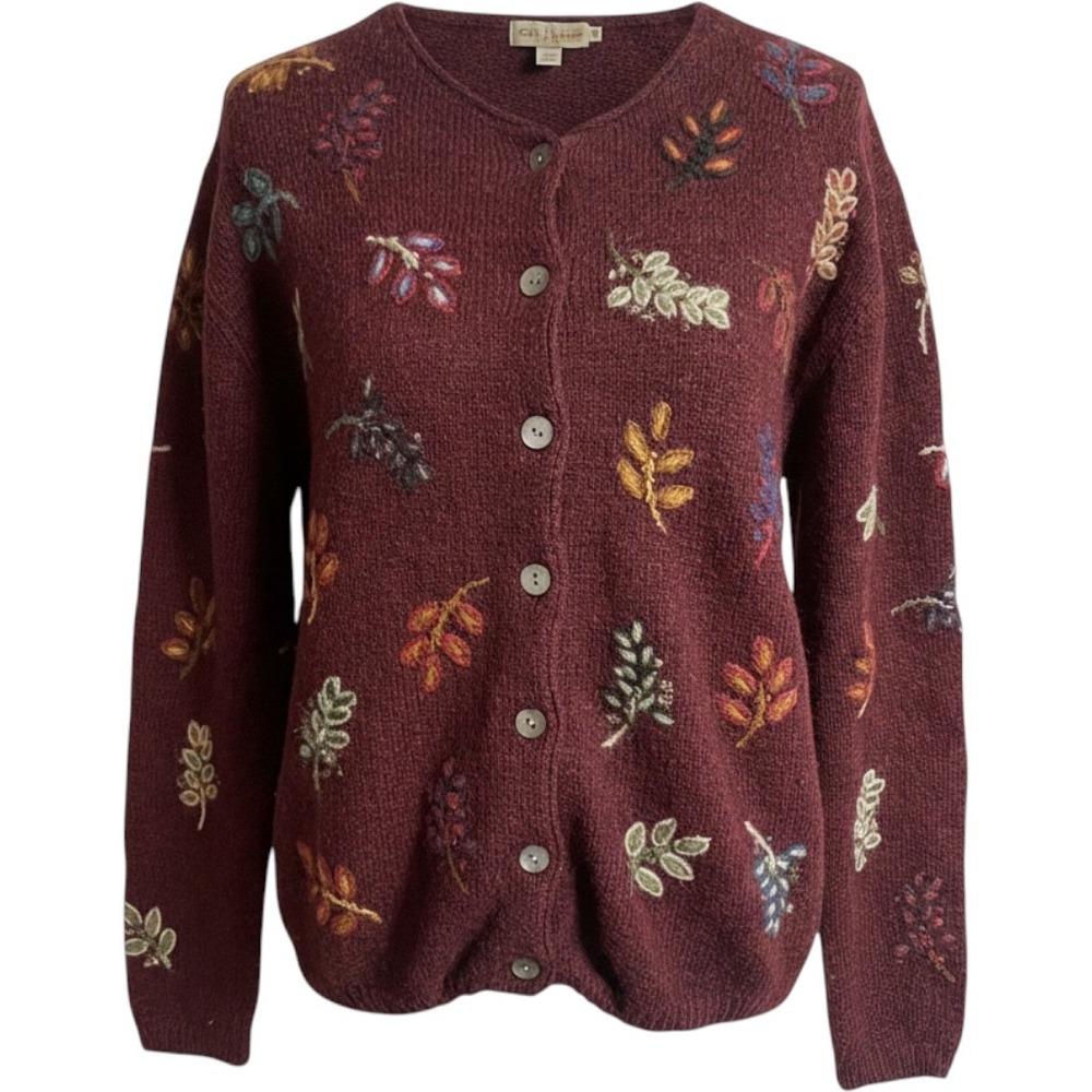 Vintage 90s Newton Trading Co. Wool Embroidered Leaf Cardigan Sweater Women's XL